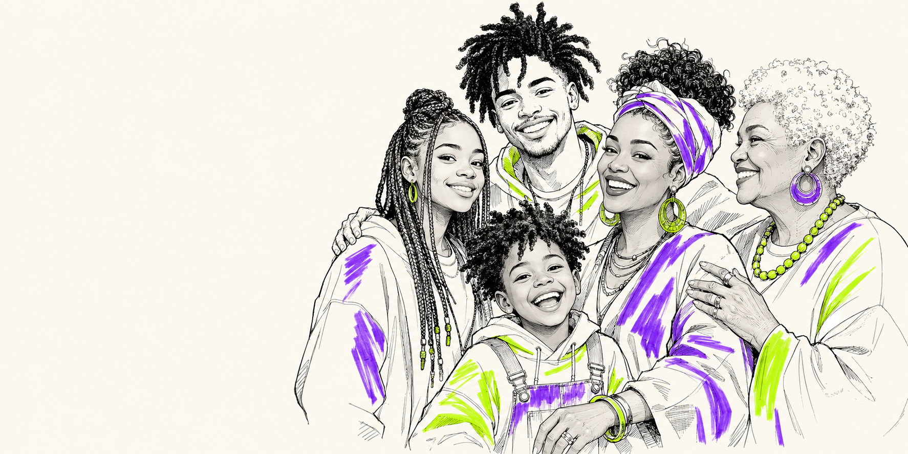 Bold line-art portraits of a diverse group of people